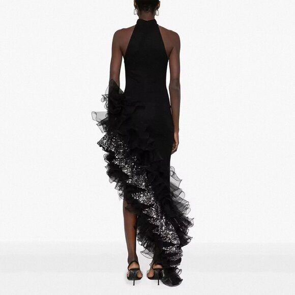 Black Halter Ruffle Sequin Gown - Asymmetrical Maxi Dress! - Picture 4 of 16
